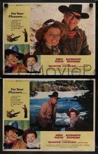2h307 ROOSTER COGBURN 8 int'l LCs 1975 John Wayne in the title role with eyepatch & Katharine Hepburn!