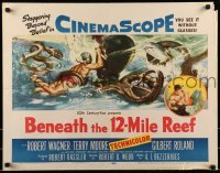 2j542 BENEATH THE 12-MILE REEF 1/2sh 1953 cool art of scuba divers fighting octopus & shark!