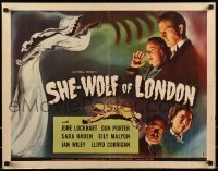 2j869 SHE-WOLF OF LONDON 1/2sh 1946 cool art of spooky female hooded phantom + cast headshots!