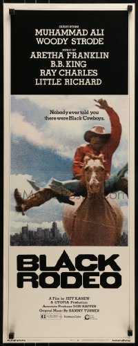 2j050 BLACK RODEO insert 1972 Muhammad Ali, Woody Strode, black cowboy on horse in city image!