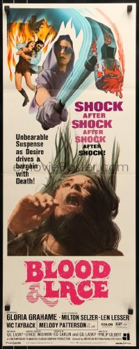 2j057 BLOOD & LACE insert 1971 AIP, gruesome horror image of wacky cultist w/bloody hammer!