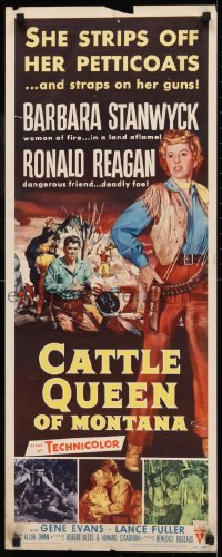2j087 CATTLE QUEEN OF MONTANA insert 1954 Barbara Stanwyck straps on her guns, Ronald Reagan!