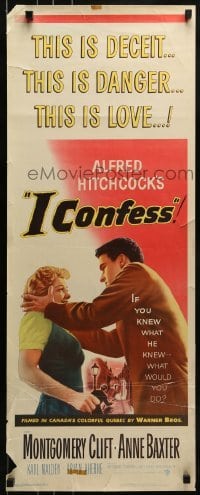 2j196 I CONFESS insert 1953 Alfred Hitchcock, art of Montgomery Clift shaking Anne Baxter!