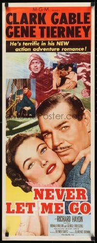 2j319 NEVER LET ME GO insert 1953 romantic close up artwork of Clark Gable & sexy Gene Tierney!