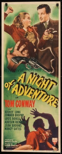 2j321 NIGHT OF ADVENTURE insert 1944 Tom Conway, cool smoking gun & dead girl crime artwork!