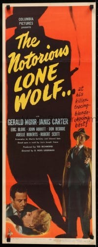 2j325 NOTORIOUS LONE WOLF insert 1946 can Gerald Mohr save Janis Carter, who only has minutes to live!