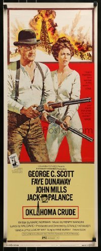 2j328 OKLAHOMA CRUDE insert 1973 art of George C. Scott & Faye Dunaway with rifles over oil field!