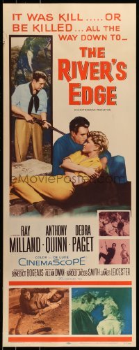 2j360 RIVER'S EDGE insert 1957 Ray Milland & Anthony Quinn fighting, Debra Paget!
