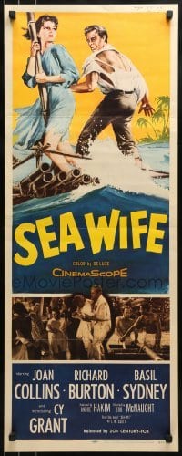 2j374 SEA WIFE insert 1957 great castaway art of sexy Joan Collins & Richard Burton on raft at sea!