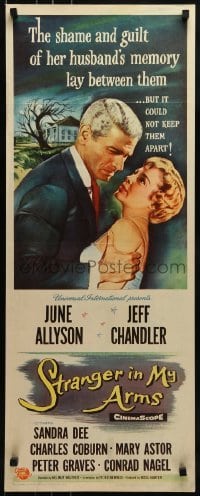 2j417 STRANGER IN MY ARMS insert 1959 close up of Jeff Chandler grabbing pretty June Allyson!