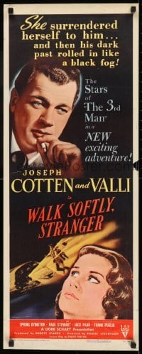 2j470 WALK SOFTLY STRANGER insert 1950 art of Joseph Cotten & pretty Alida Valli, film noir!