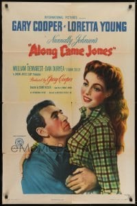 2r045 ALONG CAME JONES style A 1sh 1945 wonderful close up art of Gary Cooper holding sexy Loretta Young!
