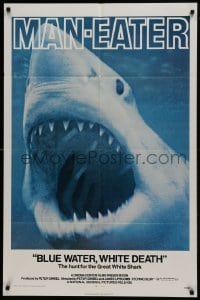 2r149 BLUE WATER, WHITE DEATH 1sh 1971 cool super close image of great white shark with open mouth!