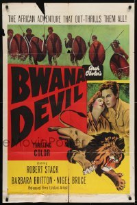 2r185 BWANA DEVIL 1sh R1954 Robert Stack, Arch Oboloer, cool art of lion jumping from poster!