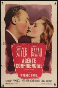 2r239 CONFIDENTIAL AGENT Spanish/US 1sh 1945 Lauren 'The Look' Bacall about to kiss Charles Boyer!