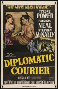 2r305 DIPLOMATIC COURIER 1sh 1952 cool art of Patricia Neal pulling a gun on shirtless Tyrone Power!