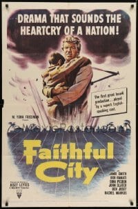 2r370 FAITHFUL CITY 1sh 1952 the first great Israeli production, cool art of man with refugee boy!