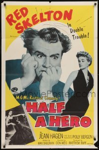 2r479 HALF A HERO 1sh 1953 great image of Red Skelton in double trouble with Jean Hagen!