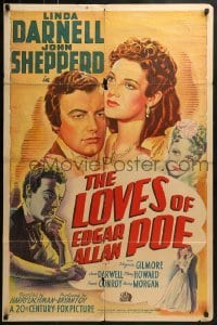 2r631 LOVES OF EDGAR ALLAN POE 1sh 1942 Linda Darnell, Shepperd Strudwick as Poe, really cool art!