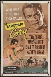 2r664 MISTER CORY 1sh 1957 art of professional poker player Tony Curtis & kissing sexy Martha Hyer!