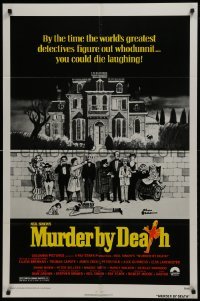 2r676 MURDER BY DEATH 1sh 1976 great Charles Addams art of cast by dead body, yellow title design!