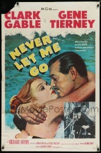 2r689 NEVER LET ME GO 1sh 1953 romantic close up artwork of Clark Gable & sexy Gene Tierney!