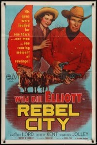 2r763 REBEL CITY 1sh 1953 great image of William Wild Bill Elliott with two guns!