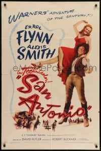 2r791 SAN ANTONIO 1sh 1945 great full-length image of Alexis Smith on Errol Flynn's shoulder!