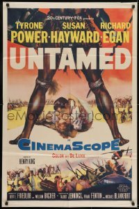 2r949 UNTAMED 1sh 1955 cool art of Tyrone Power & Susan Hayward in Africa with natives!
