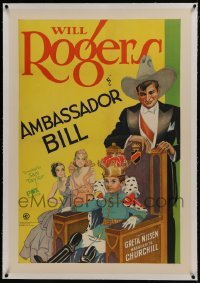 2s157 AMBASSADOR BILL linen 1sh 1931 Fox stone litho of Will Rogers with young king on throne, rare!