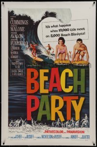 2s165 BEACH PARTY linen 1sh 1963 Frankie Avalon & Annette Funicello riding a wave on surf boards!