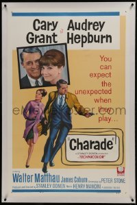 2s182 CHARADE linen 1sh 1963 art of tough Cary Grant & sexy Audrey Hepburn, expect the unexpected!
