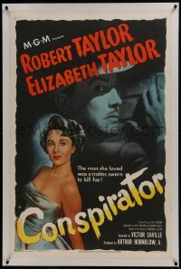 2s192 CONSPIRATOR linen 1sh 1949 art of English spy Robert Taylor & sexy young Elizabeth Taylor!