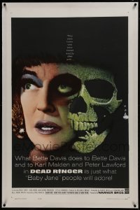 2s196 DEAD RINGER linen 1sh 1964 creepy close up of skull & Bette Davis, who kills her own twin!