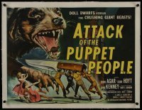 2s131 ATTACK OF THE PUPPET PEOPLE linen 1/2sh 1958 Brown art of tiny people w/ knife attacking dog!