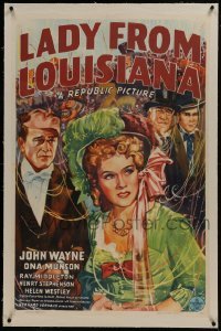 2s264 LADY FROM LOUISIANA linen 1sh 1941 art of John Wayne & Ona Munson, Mardi Gras in New Orleans!