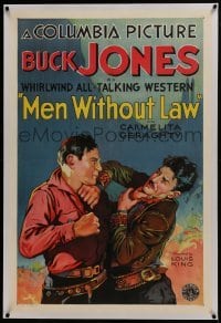 2s297 MEN WITHOUT LAW linen 1sh 1930 art of Buck Jones fighting, whirlwind all talking western!