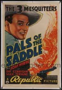 2s316 PALS OF THE SADDLE linen 1sh 1938 wonderful c/u of young John Wayne holding gun + cool art!