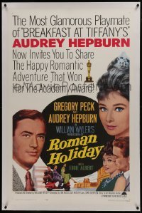 2s342 ROMAN HOLIDAY linen 1sh R1962 beautiful Audrey Hepburn & Gregory Peck, Vespa, William Wyler!