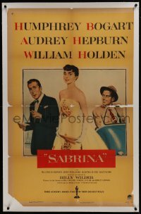 2s344 SABRINA linen 1sh 1954 Audrey Hepburn between Humphrey Bogart & William Holden, Billy Wilder!