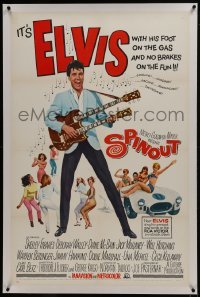 2s362 SPINOUT linen 1sh 1966 Elvis with double-necked guitar, foot on the gas & no brakes on fun!