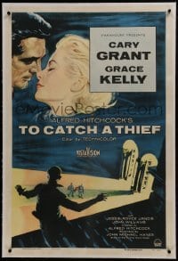 2s379 TO CATCH A THIEF linen 1sh 1955 art of beautiful Grace Kelly & Cary Grant, Alfred Hitchcock!