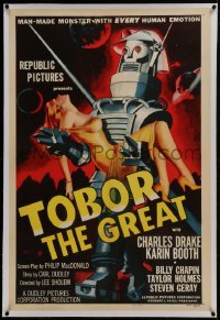 2s381 TOBOR THE GREAT linen 1sh 1954 man-made funky robot with human emotions holding sexy girl!