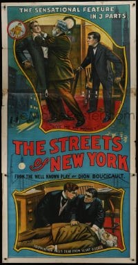 2t147 STREETS OF NEW YORK 3sh 1913 stone litho of sea captain fighting with banker & falling dead!