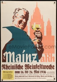 2t129 MAINZ ARH German 33x48 1936 wine festival in Mainz, EHZ art of smiling man with wine glass!