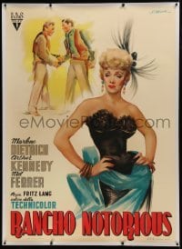 2t072 RANCHO NOTORIOUS linen Italian 1p 1952 Fritz Lang, sexy Marlene Dietrich, Olivetti art, rare!