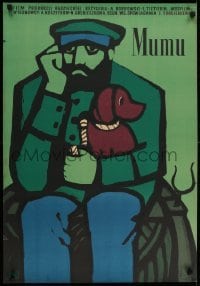 2t323 MUMU Polish 23x33 1959 cute Maciej Hibner art of a bearded man holding a puppy!