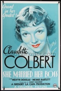 2t365 SHE MARRIED HER BOSS S2 recreation 1sh 2001 blue deco art of Claudette Colbert with red lips!