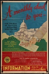 2t443 MONTHLY CHECK TO YOU 19x29 special poster 1936 the Social Security Act, great Newman art!