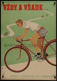 2t414 VZDY A VSADE 24x34 Slovak special poster 1950s great art of cyclists, always & everywhere!